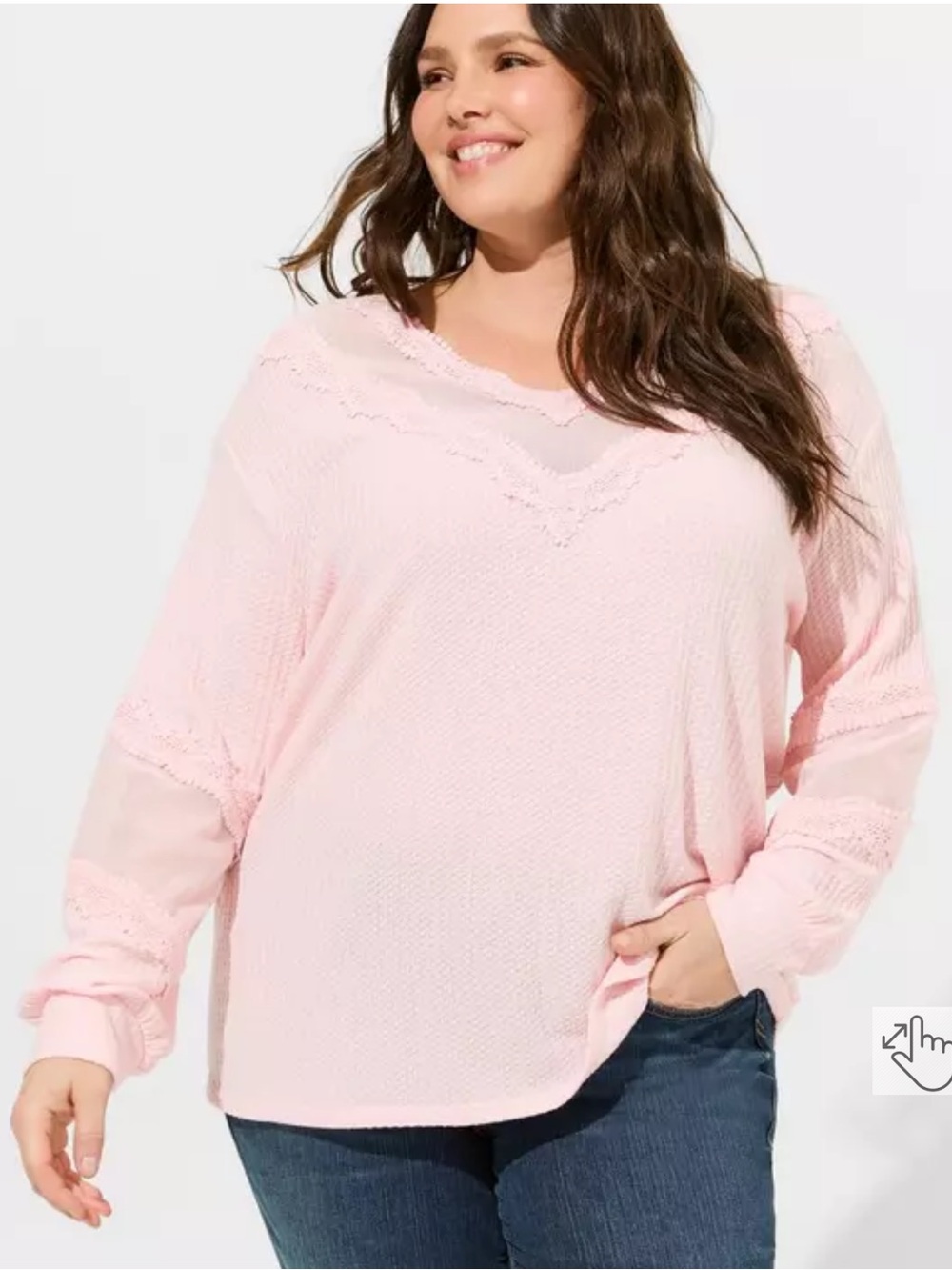 TORRID Womens Waffle Lace Mesh Inset Top Size 3X Pink Long Sleeve Comfy Casual
